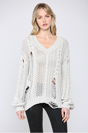 CABLE KNIT DISTRESSED PULLOVER ...